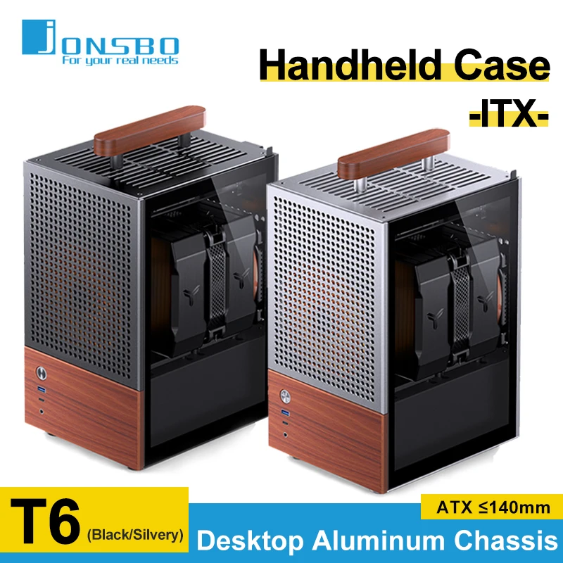 

Корпус с ручкой Jonsbo T6 ITX, корпус для компьютера, корпус из алюминиевого сплава 3 мм, интерфейс USB3.0 Type-C, корпус из цельного дерева для настольного мини-ПК