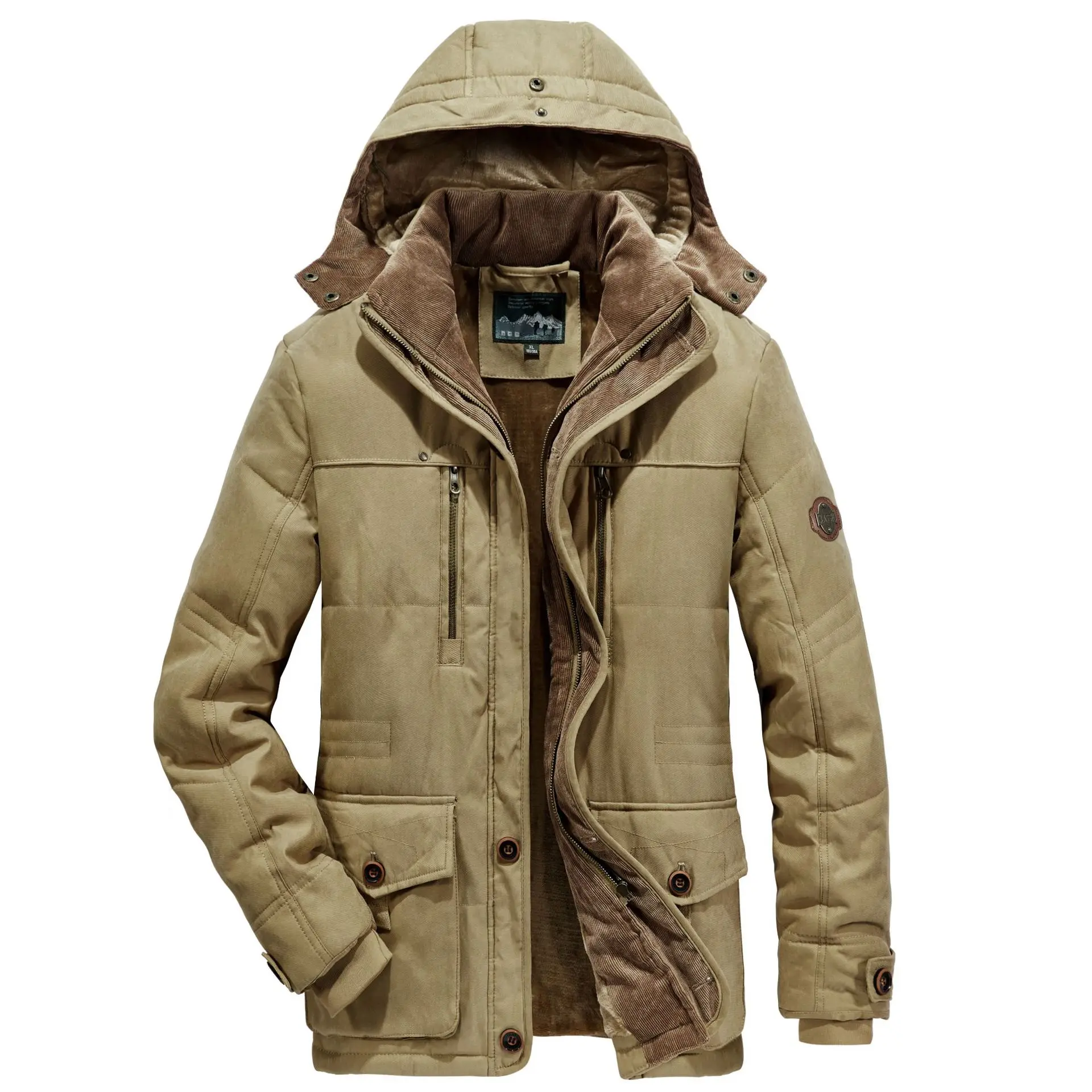 Man Cargo Jacket Winter Vintage Thicken Fleece Cold-proof Male Hooded Outerwear Solid Color  Pocket Long Sleeve Men Parkas Coat