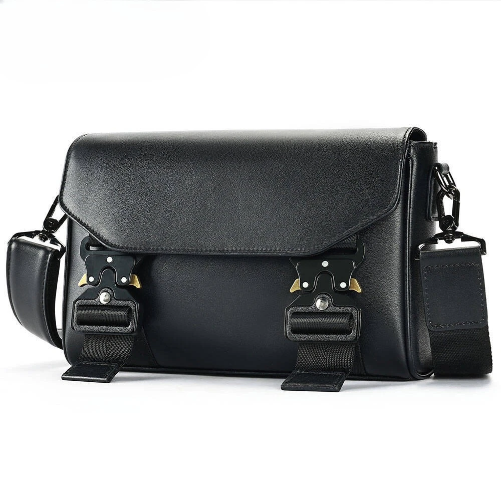 Men's Minimalist Top-Grain Leather Crossbody Bag, Compact Snap-Button Shoulder Purse for Travel & Commute, Lightweight Sling