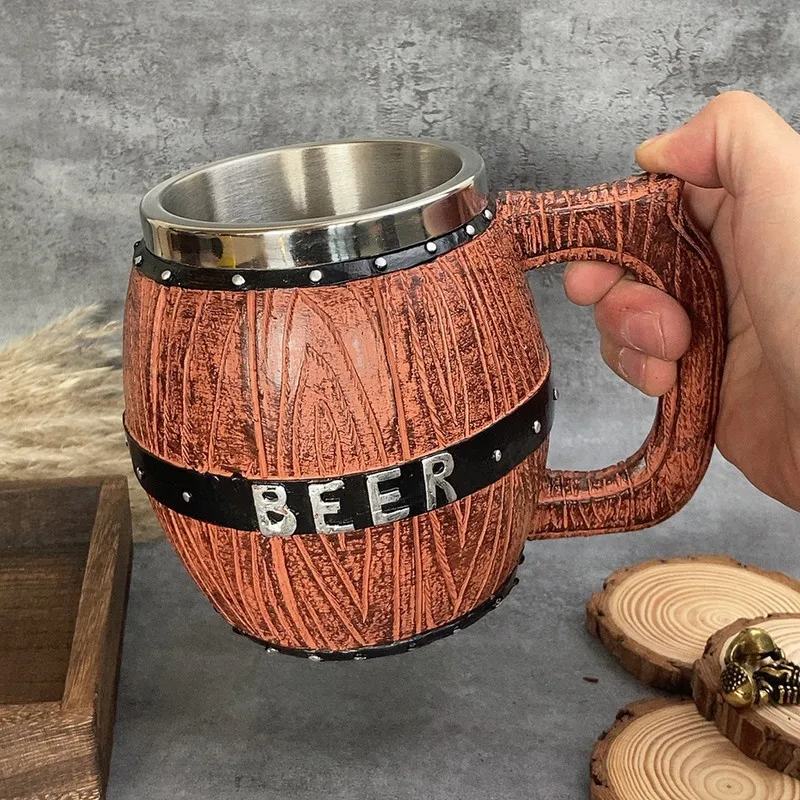 Wooden Barrel Beer Cup Stainless Steel Beer Mug Double Wall Drinking Cups Viking Style Vintage Coffee Mugs Kitchen Supplies