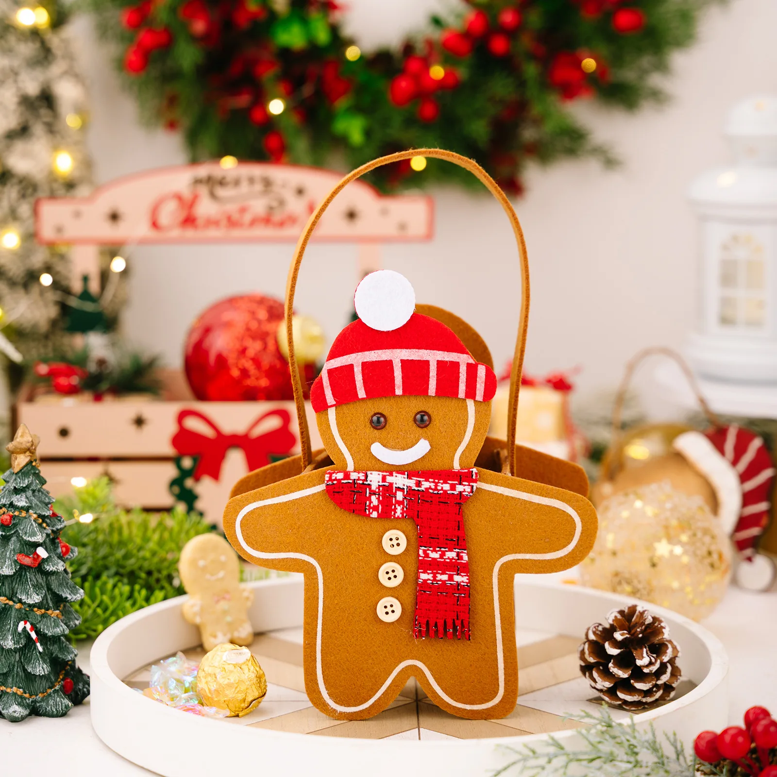 The New Hot-selling Christmas Decorations Cartoon Double-sided Gingerbread Man Tote Bag Christmas Candy Bag Gift Bag
