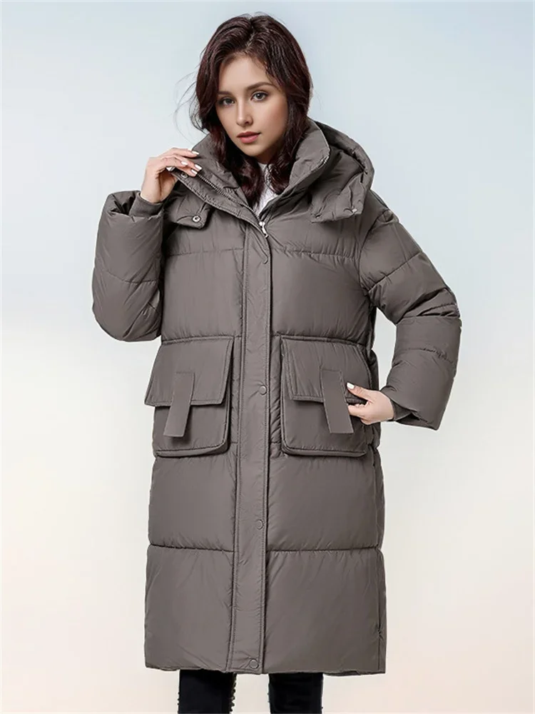 Doudoune longue surdimensionnée chaude pour femme, manteau à capuche, grandes poches, optique, fermeture éclair, pardessus d'hiver, nouveau, 2024