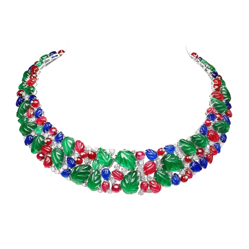 BELLUX Heavy Design Top Quality Ultra Luxury 925 Silver Synthetic Gemstone Carving Fruit Leaf Wide Edition Vintage Necklace