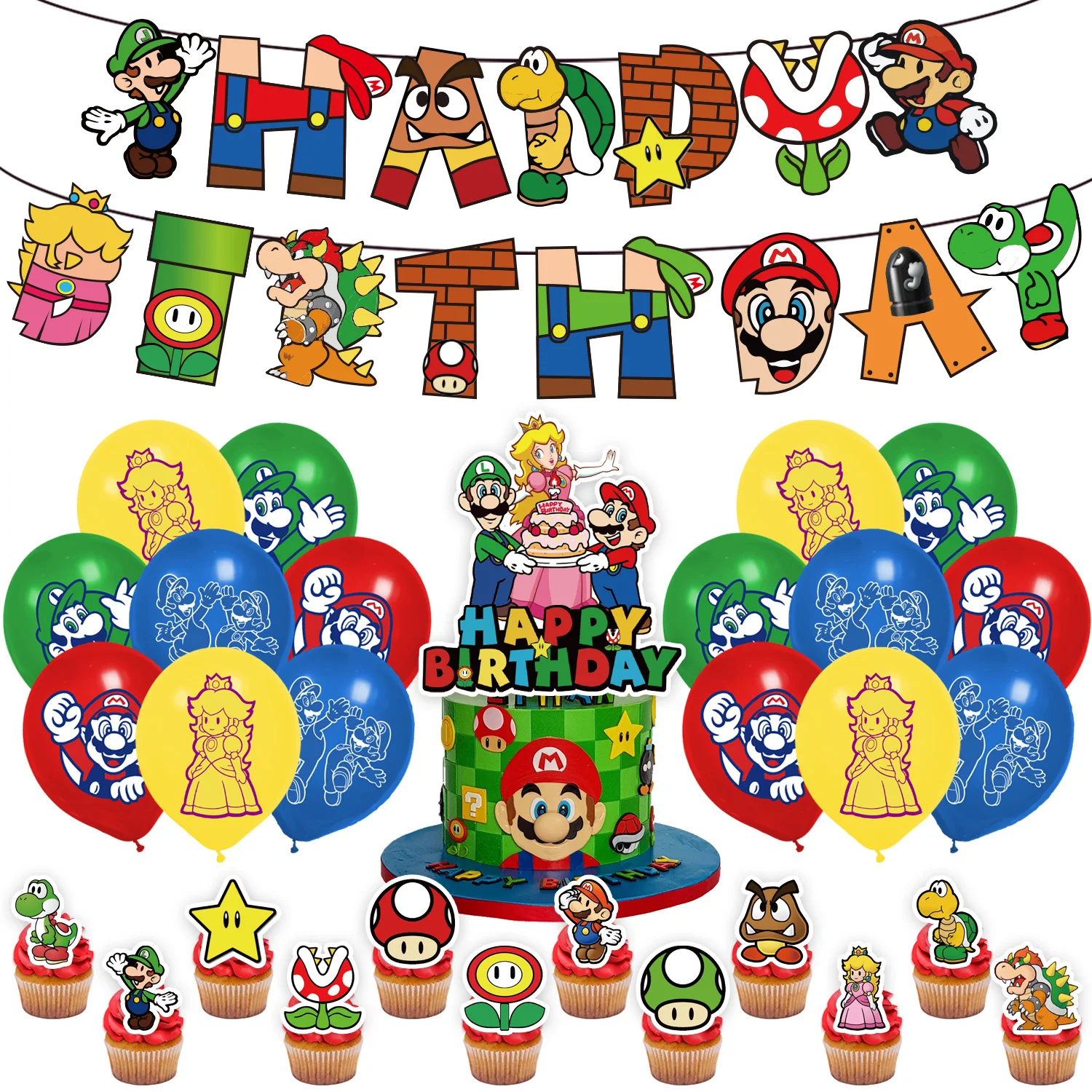 Decoración de fiesta de cumpleaños de Super Mario Bros, juego de Mario Brother, vajilla temática, taza, plato, globo, suministros para fiestas, fondo para niños