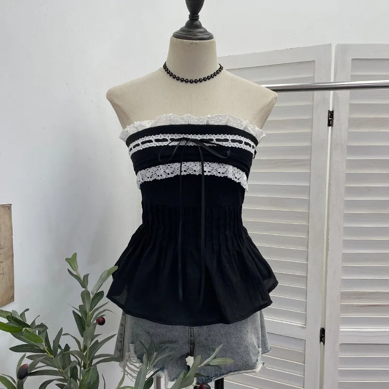 Y2K Women Sleeveless Shirt Off Shoulder Strapless Tube Tee Built In Bra Pads Lace Fringe Patchwork Ruched Slim Fit Tops 9325