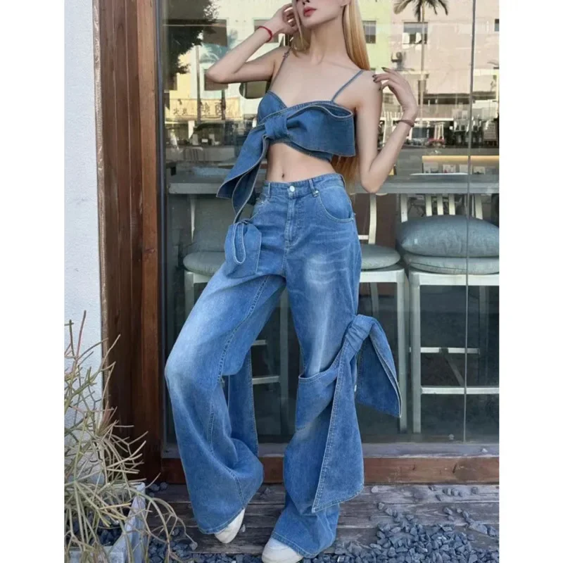 3D Bow Jeans Lace Up Denim Vest 2 Piece Set Women Summer 2024 Bra Vest Button Straight Leg Wide Leg Old Jeans High Waist Suit