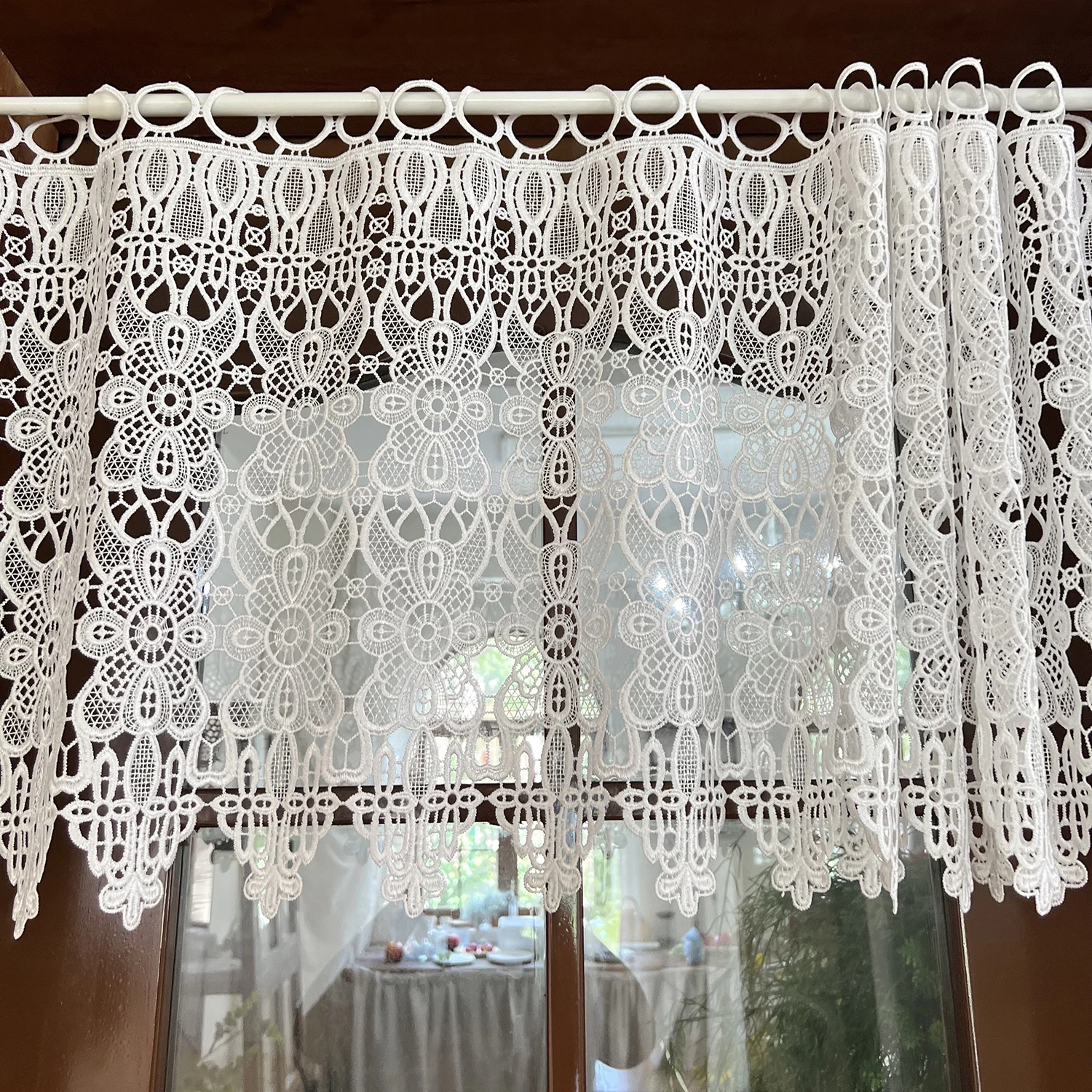 White Cutout Flower Short Curtains, Water Soluble Embroidery Curtains for Kitchen Small Window Vintage French Country Home Decor