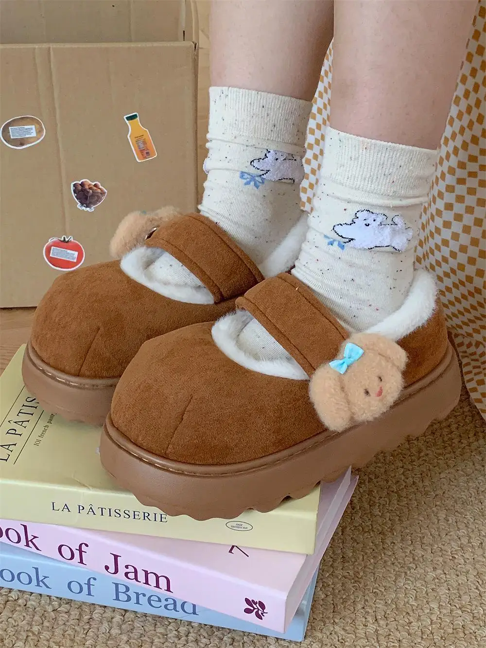 

Women Cotton Shoes Indoor Household Shoes Plush Mary Jane Bean Shoes Cute Female Bow Dog, Winter Wearing Cotton Shoes