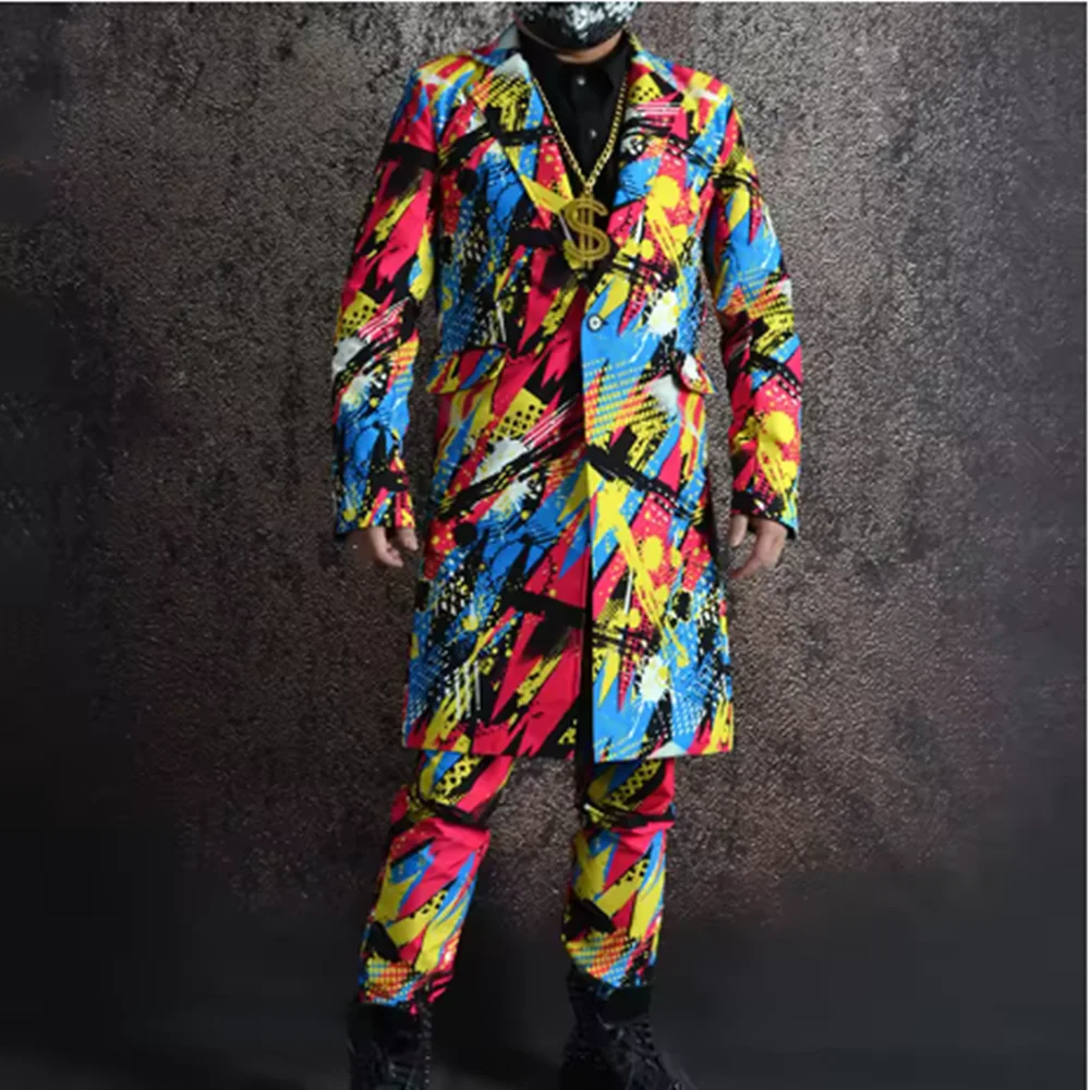 2025 männer Bühne Outfit Jazz Hip Hop Street Dance Kostüm Graffiti Gedruckt Casual Anzug Männlich Langen Mantel Bunte Leistung tragen