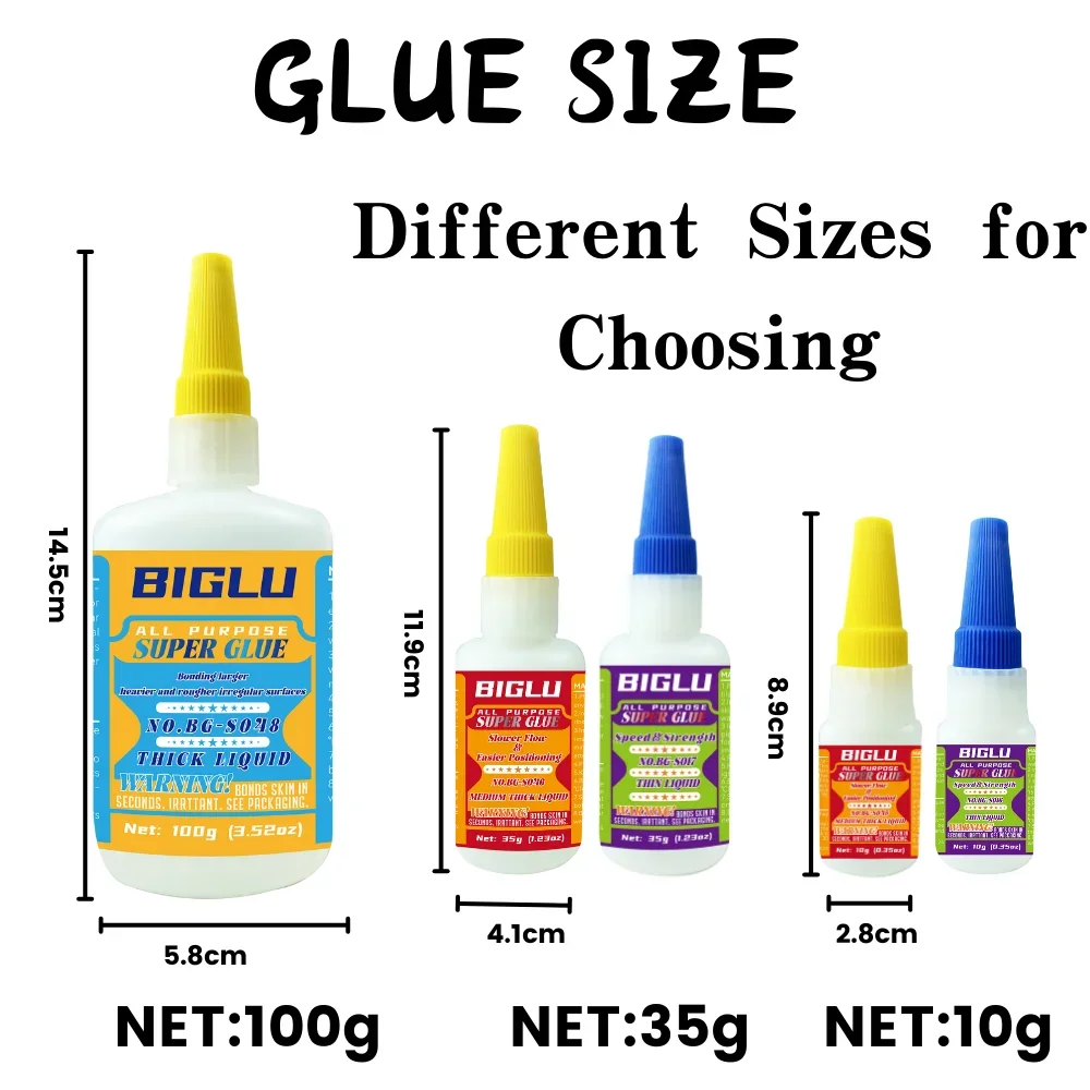 BIGLU General Purpose Premium CA Adhesive Thin Medium Thick Liquid Super Glue Quick-Bonding for PVC Wood Metal Plastic and More