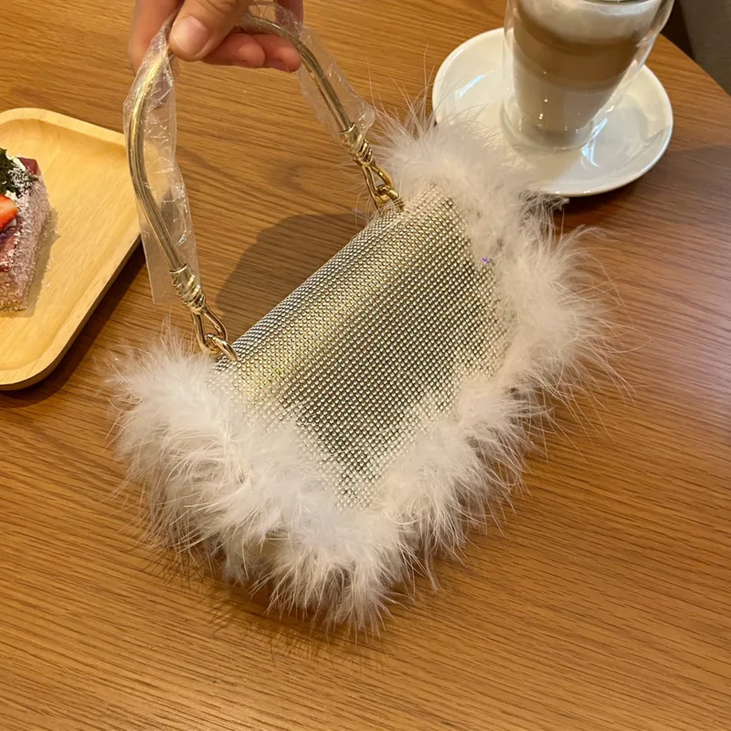 Celebrity Fur Banquet Evening Dress Bag Luxury Women\'s Wedding Party Wallet Birthday Party Ostrich Hair Diamond Tassels Handbag