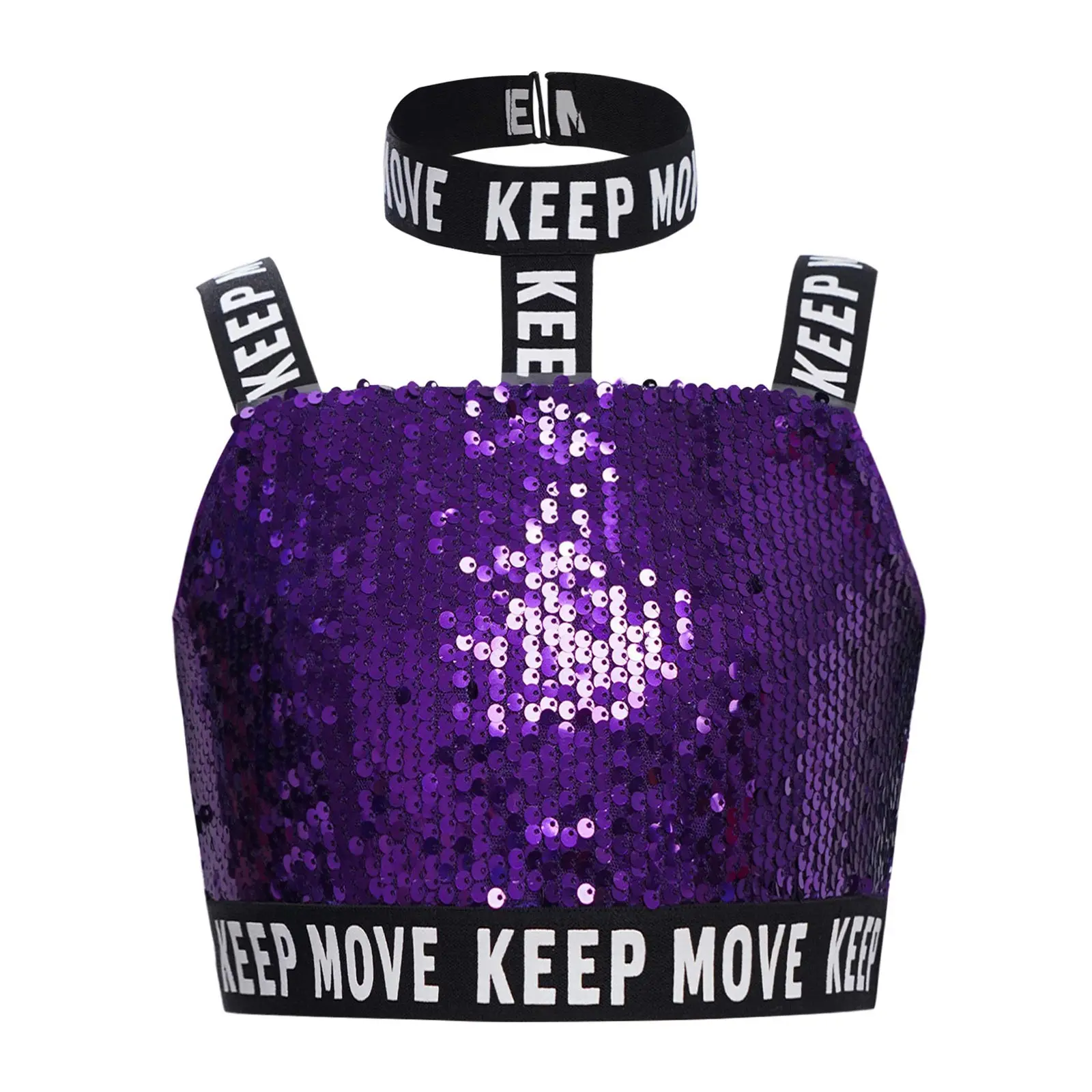

Kids Girls Hip-Hop Jazz Dance Top Halter Wide Shoulder Straps Glittery Sequins Tank Crop Top Vest for Stage Performance Costume