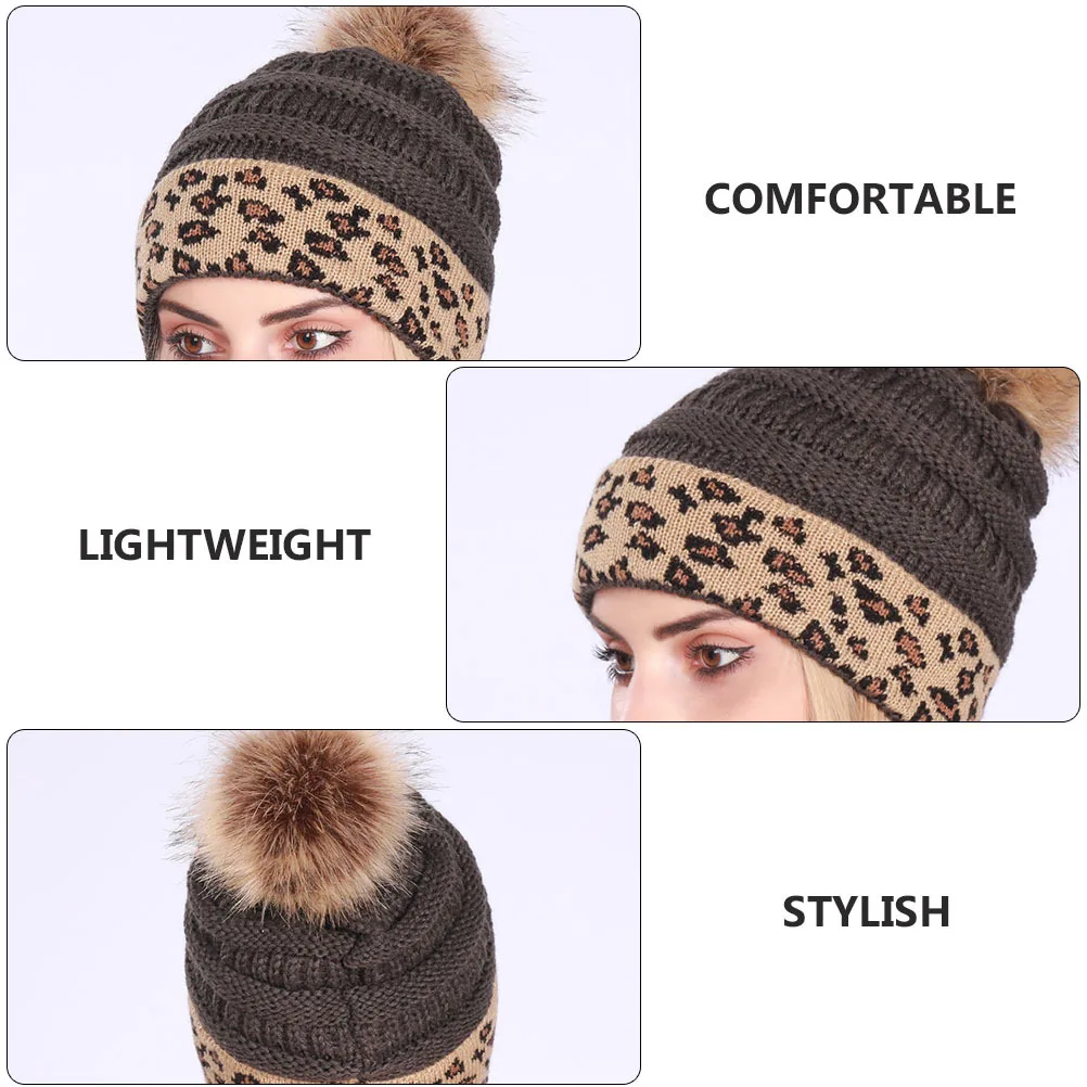 

Leopard Knitted Beanie Thickened Warm Hat For Winter Outdoor Lightweight Pompom Decorative Headwear Stretchy Ear Covering