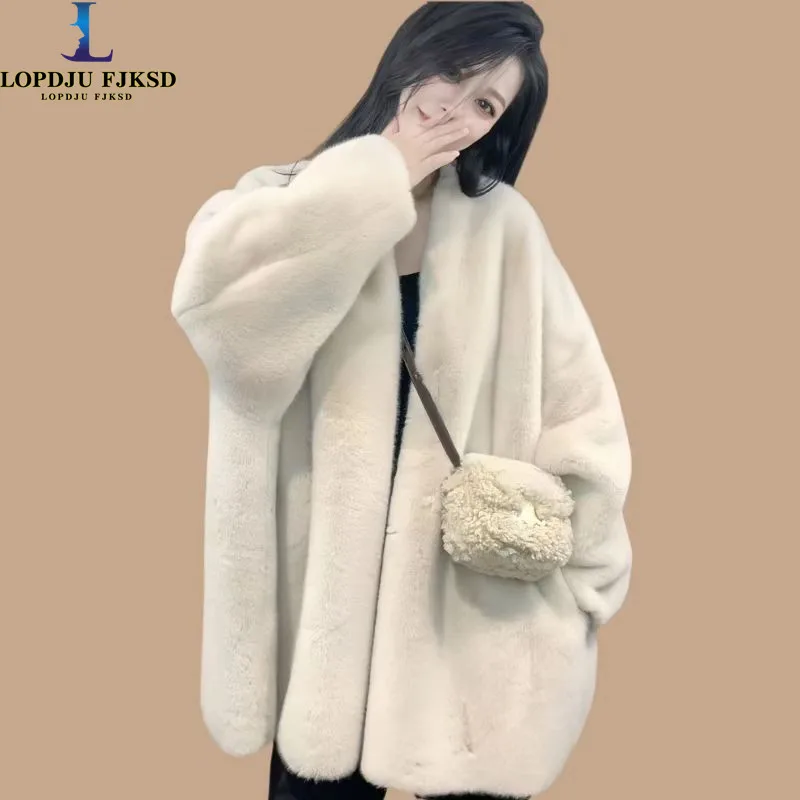 Faux Mink Fur Coat for Women, Open Stitch Jacket,V-Neck Outwear,Thick Furry,Autumn and Winter,New,2024