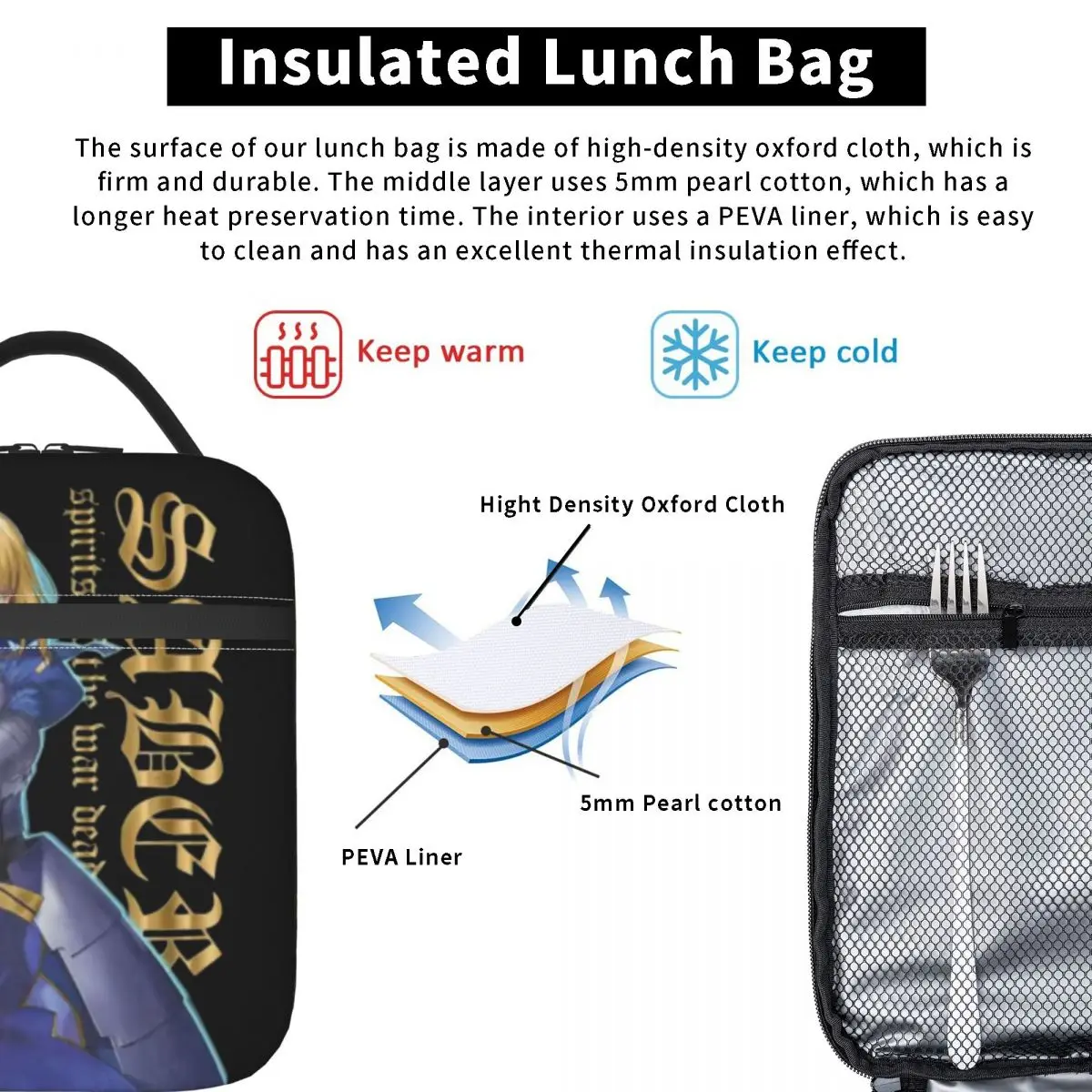 مصير البقاء ليلة صابر أنيمي مصير رين بسيط معزول أكياس الغداء كبيرة قابلة لإعادة الاستخدام حقيبة حرارية حمل علب الاغذية العمل في الهواء الطلق الغذاء حقيبة #5