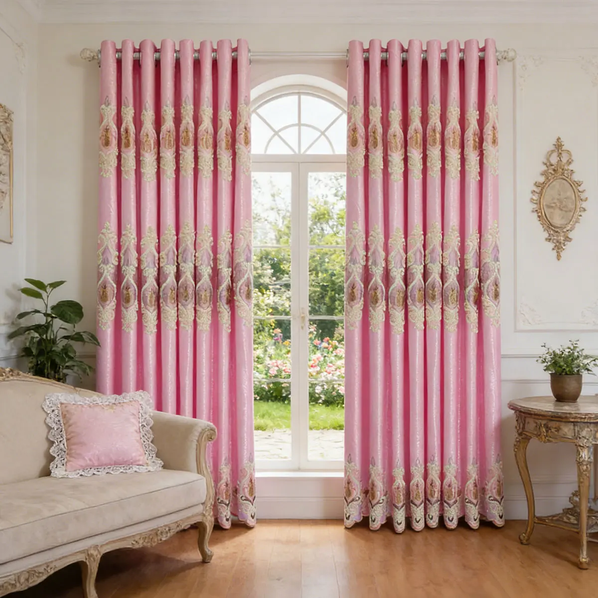2 Panels Pink Satin Embroidered Blackout Curtains, European Vintage Floral Embroidery Eyelet Drapes Thermal Noise Block Window Curtain for Bedroom Living Room