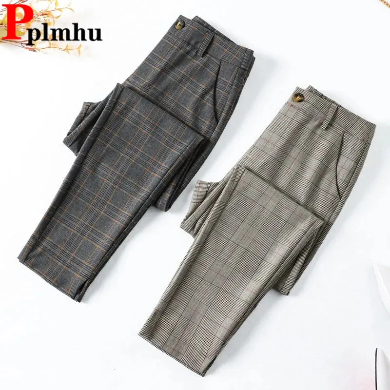 

Women Formal Plaid Straight Pants Korean Female Office High Waist Baggy Pantalones Spring Fall Casual Loose Ankle Length Calca