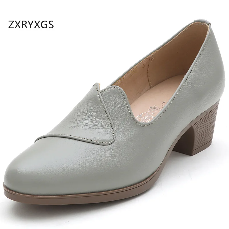

ZXRYXGS Temperament Elegant Women Genuine Leather Shoes Thick Mid Heels 2026 New Fashion Versatile Comfort Office Banquet Shoes