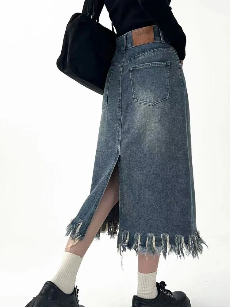 Midi Röcke Frauen Quaste Vintage Denim Herbst Hohe Taille Hotsweet Casual Zarte Back-slit Mode Mujer Streetwear Persönliche ю soi