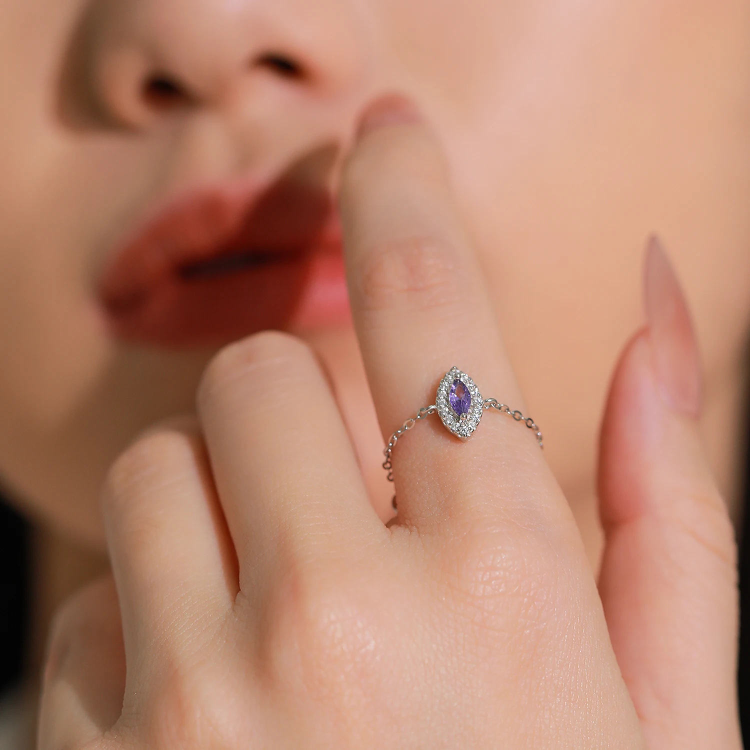 Ailmay 925 Sterling Silver Retro Mysterious Evil Eye Chain Ring Lady Purple Zircon Stackable Party Rings Girl Birthday Lucky Gif