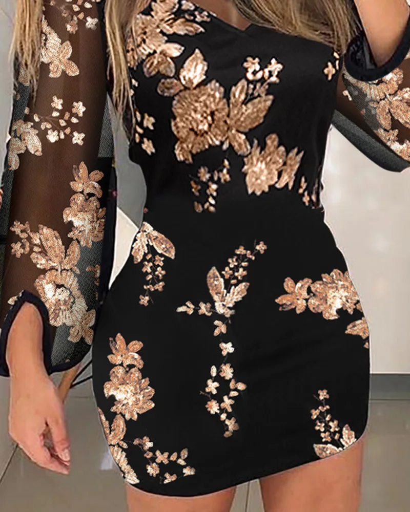 Fall Women's Vintage Dresses Floral Pattern Contrast Sequin Sheer Mesh Party Dress Ladies Skinny Mini vestido