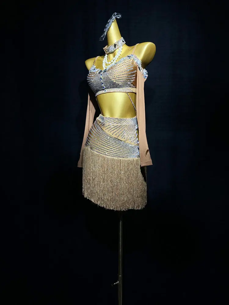 

Платье для латинских танцев для взрослых и детей, высококачественная юбка с кисточками из камня AB на заказ, точная женская одежда для танго