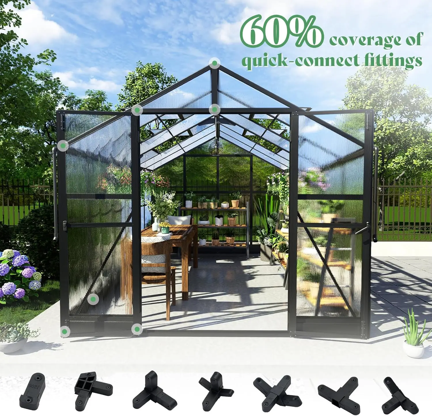 AMERLIFE 8x12x7FT Polycarbonate Greenhouse, Walk in Greenhouse with Quick-Connect System, Green House with 4 Vent Windows