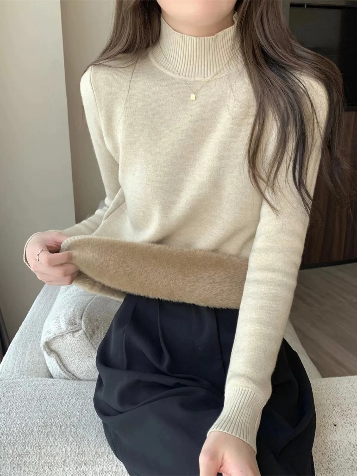 Thiened Fce Women's Knitted Sweater Autumn Winter f High Collar Hooded Warm Base Layer Inteated Fce Crew Ne Top