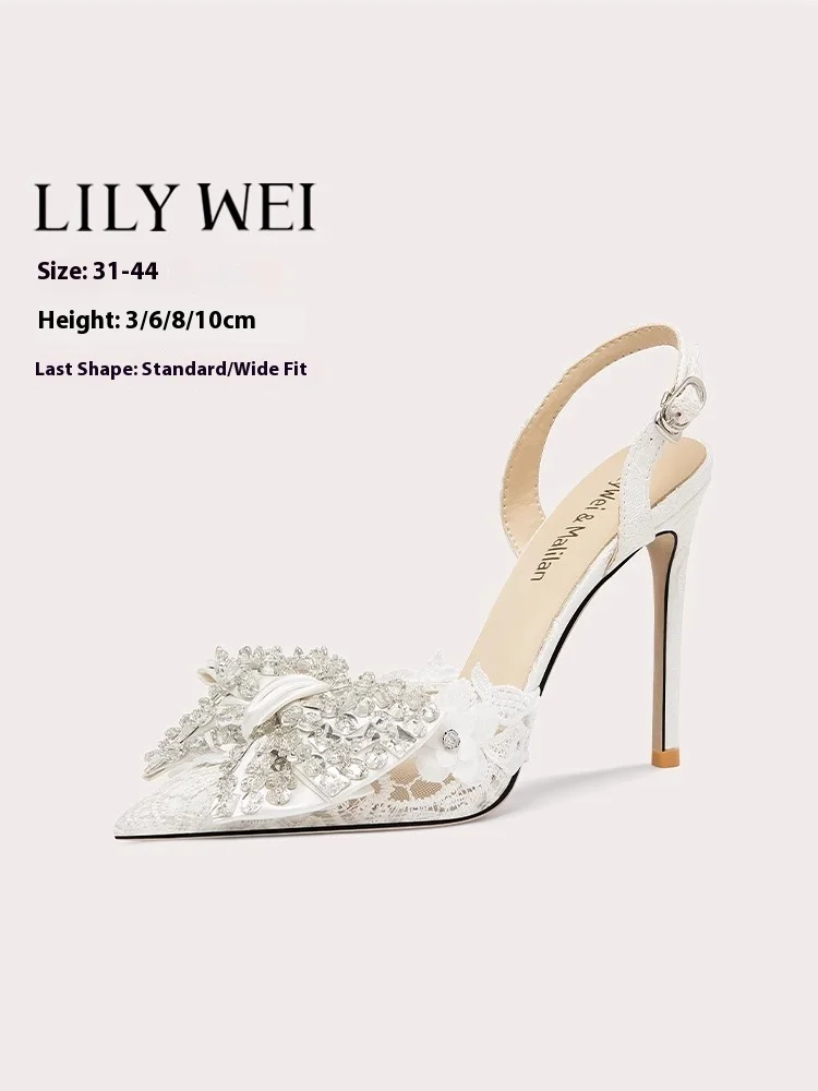 

Тонкие босоножки на высоком каблуке, новые летние свадебные туфли со стразами и кружевной сеткой, расширенные женские туфли большого размера для банкетов