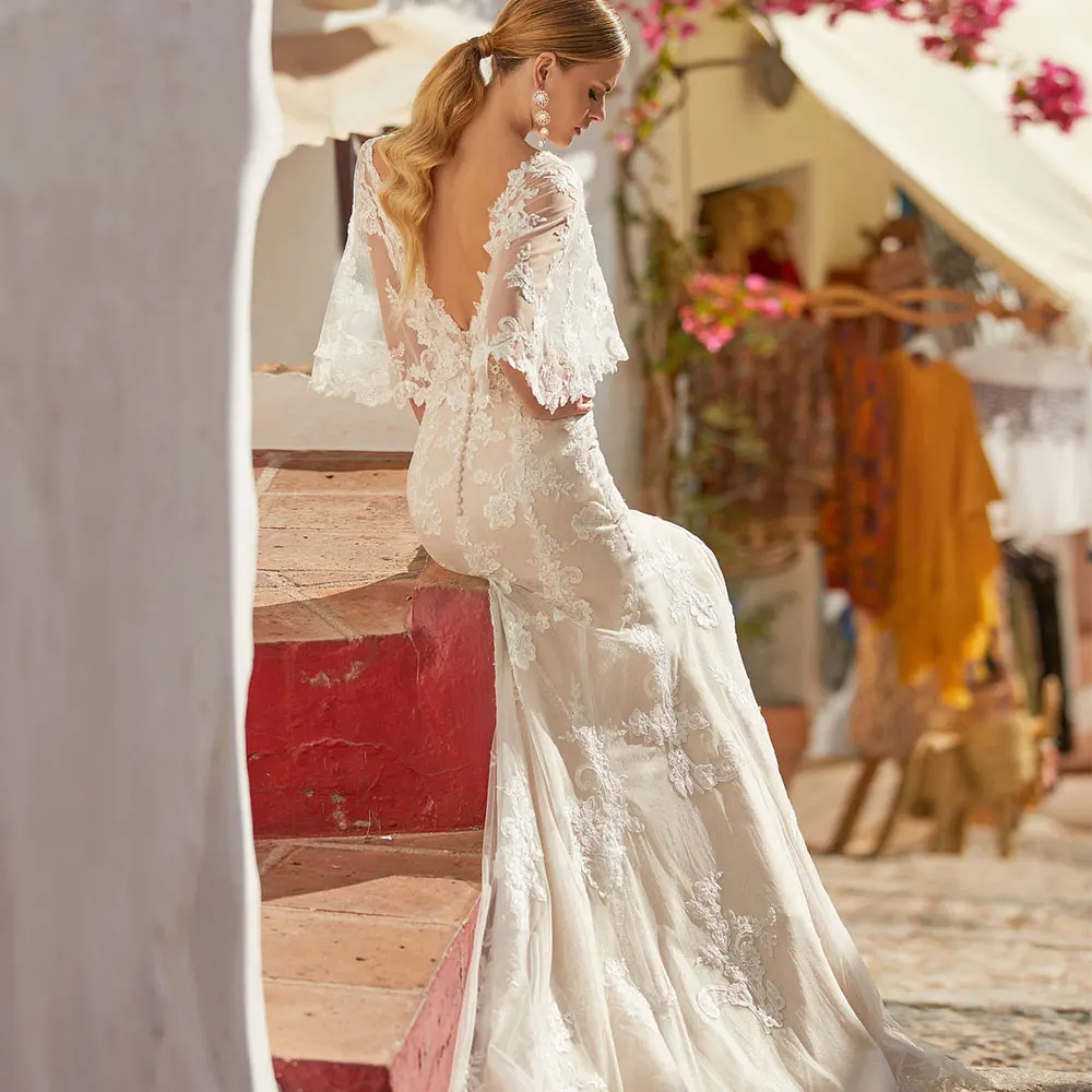 Robe De mariée sirène blanche Sexy, col en v, manches chauve-souris, avec des Appliques en dentelle, dos nu, avec traîne De balayage, été