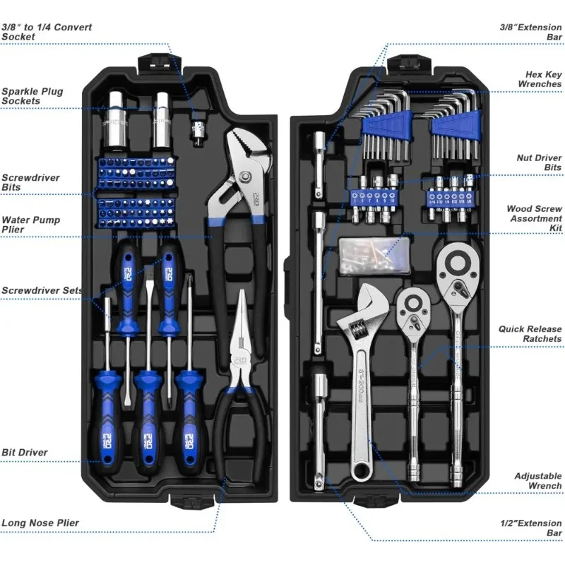 Prostormer 240-Piece Mechanics Tool Set, General Assorted SAE/Metric Sockets and Wrenches Automotive Repair Tool Kit with Plasti
