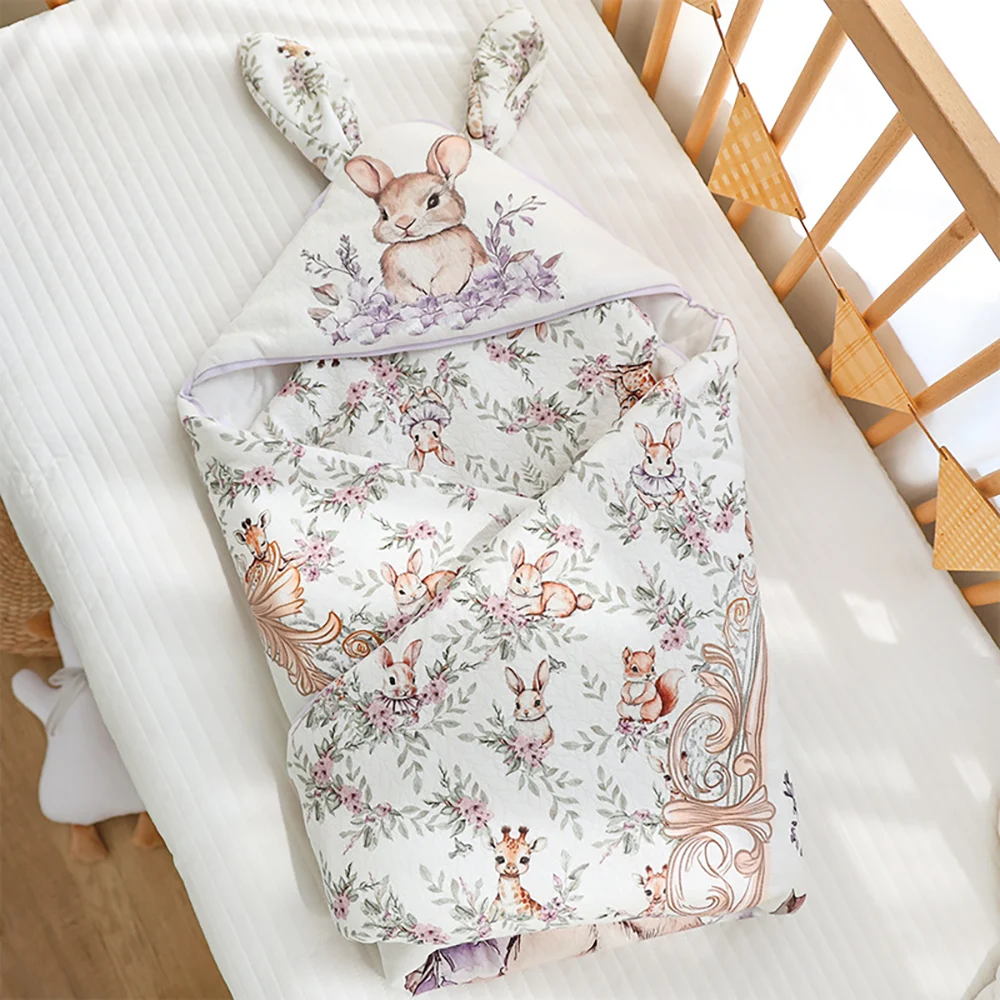 Newborn Baby Blanket For Discharge Boys Girls Cartoon Printed 100% Cotton Winter Warm Newborn Swaddle Wrap With Windproof Hooded