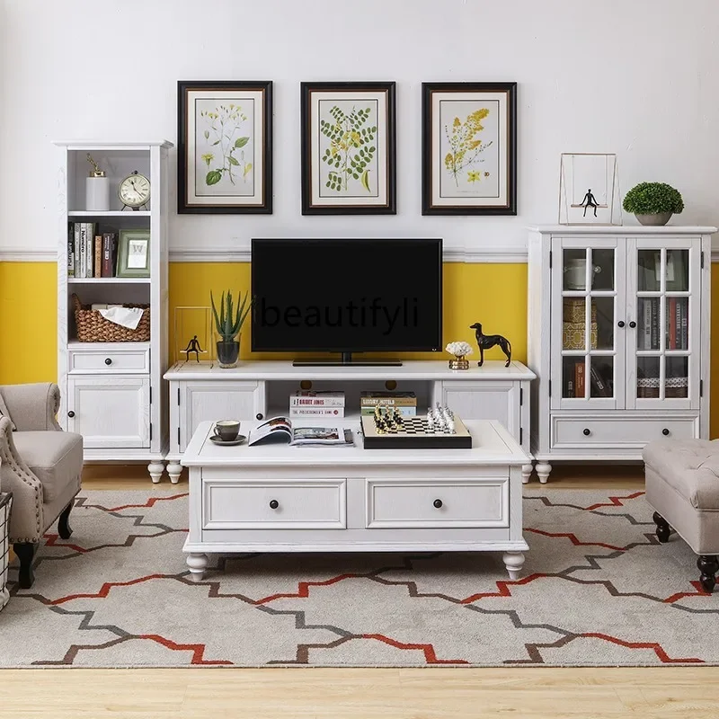 X18 خزانة تلفزيون الريف الأمريكي من الخشب الصلب لغرفة المعيشة، خزانة أرضية بيضاء عاجية، خزانة آديشن قديمة، طراز رعوي من خشب الرماد #2