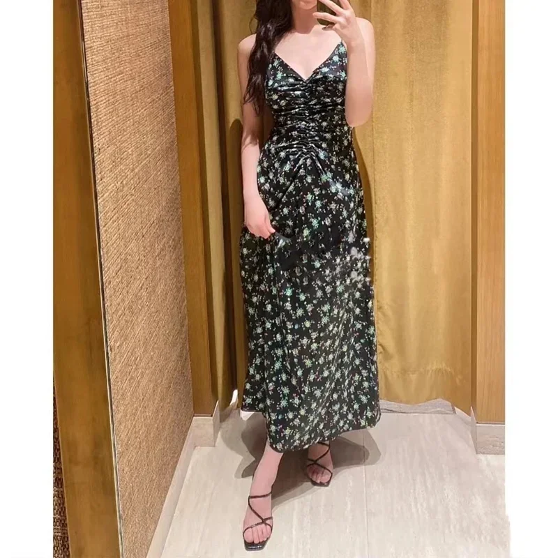 Women Pleated Sling Robe Lace-up Floral Printed V-Neck Sleeveless Elegant Summer 2024 Midi Dress