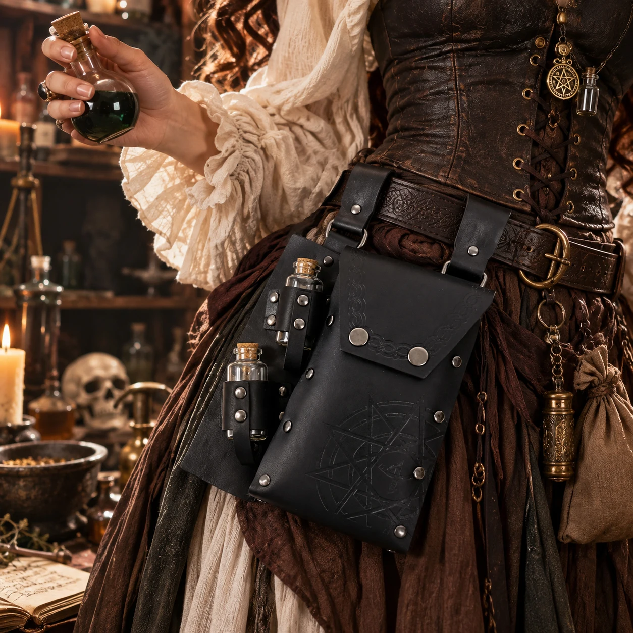 Medieval PU Leather Belt Hanger Pouch, Vintage Witch Alchemist Potion Bottle Holder Waist Bag, Viking Gothic LARP Halloween Cosp