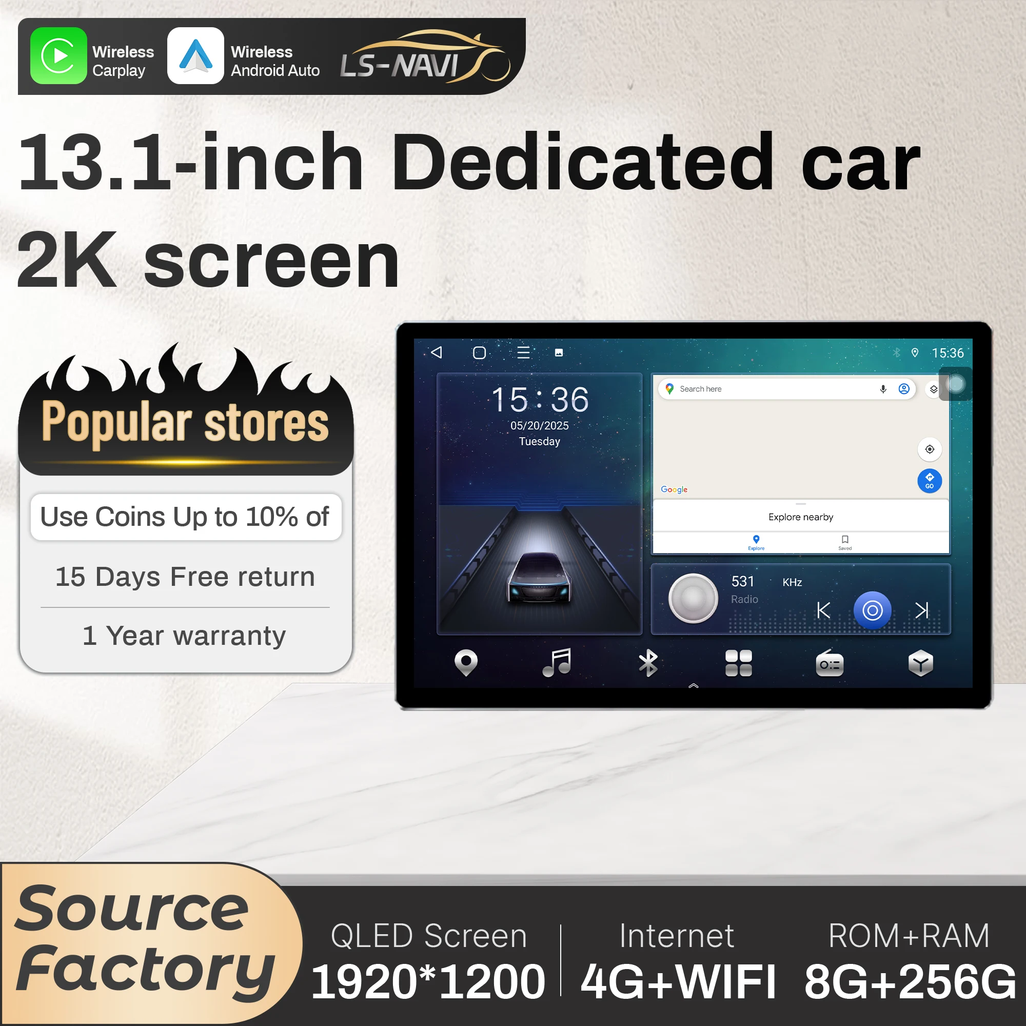 

13,1-дюймовый Android для Mercedes Benz Smart 453 Fortwo 2014-2020, автомобильный радиоприемник, беспроводнойCarplay, GPS, мультимедийный сенсорный экран QLED, стерео