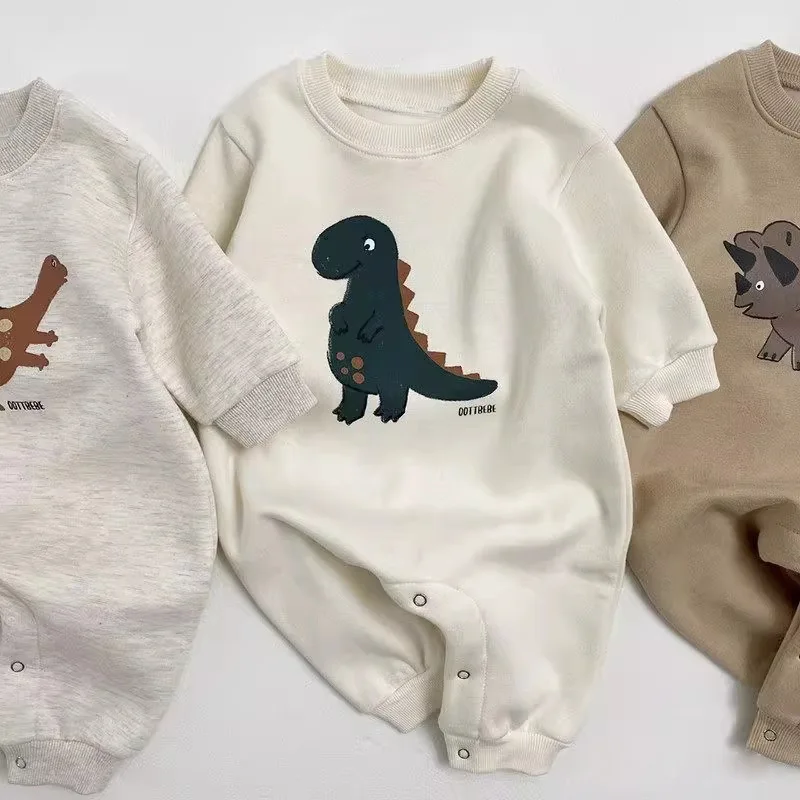 Cute Dinosaur Print Newborn Long Sleeve Fleece Jumpsuit For Boy Girl Toddler Thick Clothes Winter New Baby Warm Romper  -128