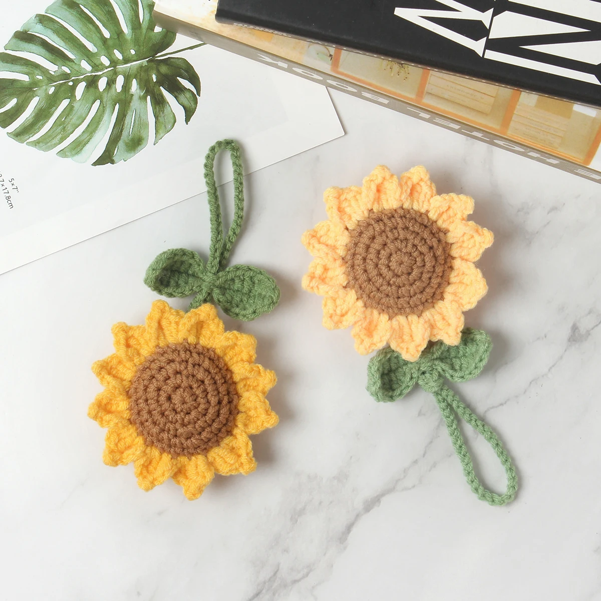 2pcs Handmade Crochet Knit Sunflower Multipurpose Pendant Bag Car Key Ring Decoration Charm  Cute Auto Interior Accessories