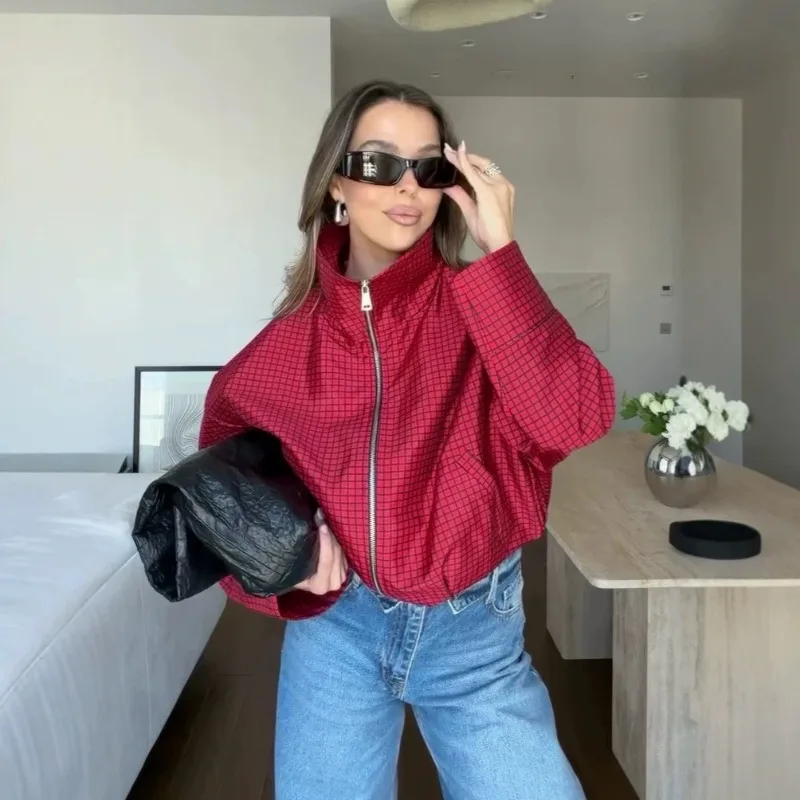 FRAYA LAB Women Plaid Bomber Jacket Stand Collar Zip Up Spring Fall New Trendy Chic Casual Outerwear Streetwear Soft Warm Comfy