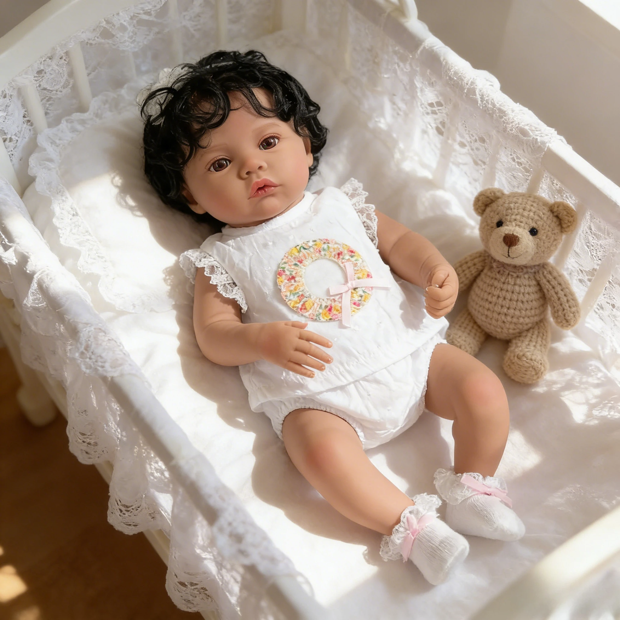 Cute Dark Skin Meadow Girl Doll 48CM Full Body Vinyl Hand Rooted Curly Hair Reborn Style Doll