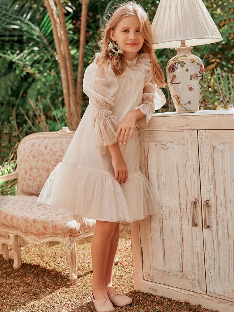 Customized Flower Girl Dress Ivory Tulle Bow Ribbon Long Sleeve For Wedding Prom Birthday Party Banquet Holy Communion Gown