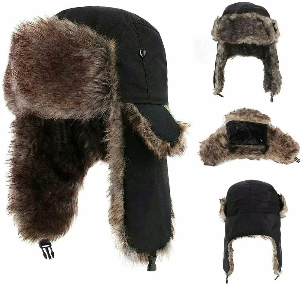 Men's Warm Soldier Hat Winter Patrolman Earmuffs Warm Cap Russian Ushanka Trapper Hat Ski Hat Windproof Cold Pilot Hats