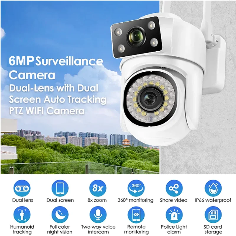 6MP Wireless WiFi Camera Dual Lens Outdoor Surveillance camera AI Track Human Detect IP Security Camera Two Way Audio 390 Eyes