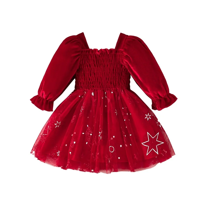 Little Girl Christmas Dress Star Snowflake Print Shirred Square Neck Ruffle Sleeve Tulle Dress for Fall Winter