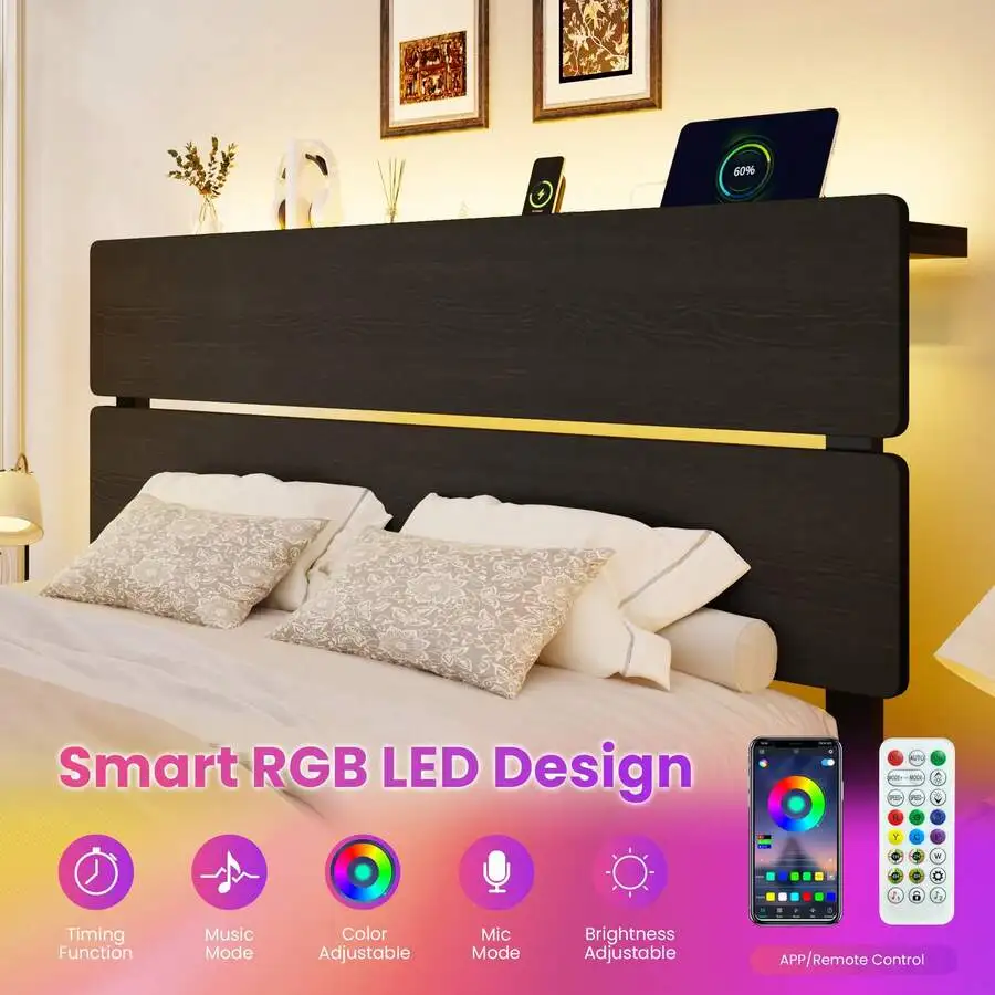 Twin/Full/Queen/King Size Bed Frame With Led Light & Built-In Charging Station, Wooden Storage Headboard And Footboard, Metal Platform Bed With Under Bed Storage, No Box Spring Needed, Noise Free, Black view 4