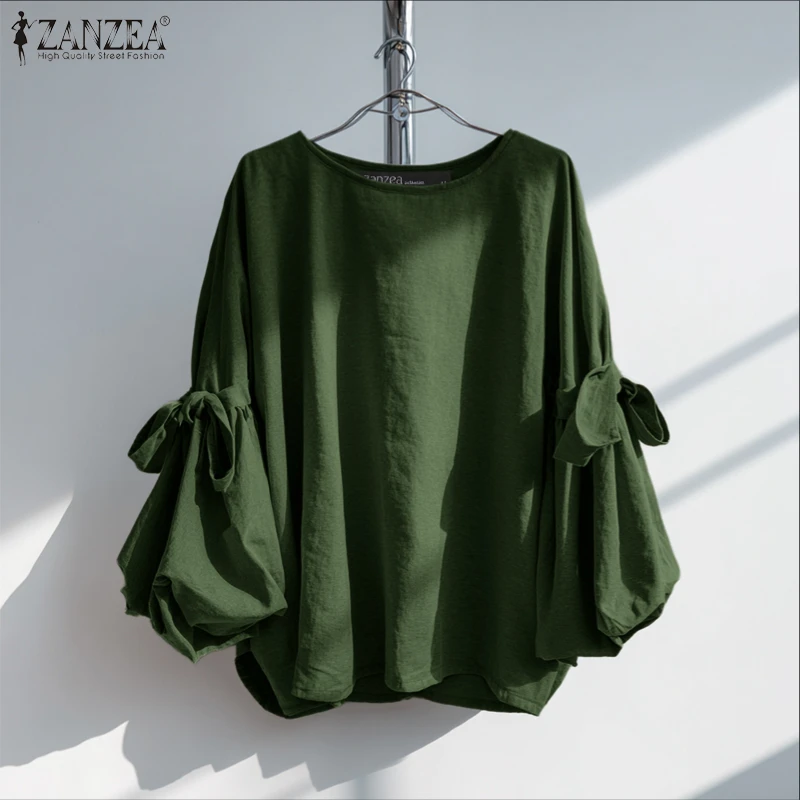 ZANZEA Fashion Women Blouse Long Lantern Sleeve Solid Shirts Elegant Office Lady Bow Top Spring Autumn Casual Loose Blusas Femme
