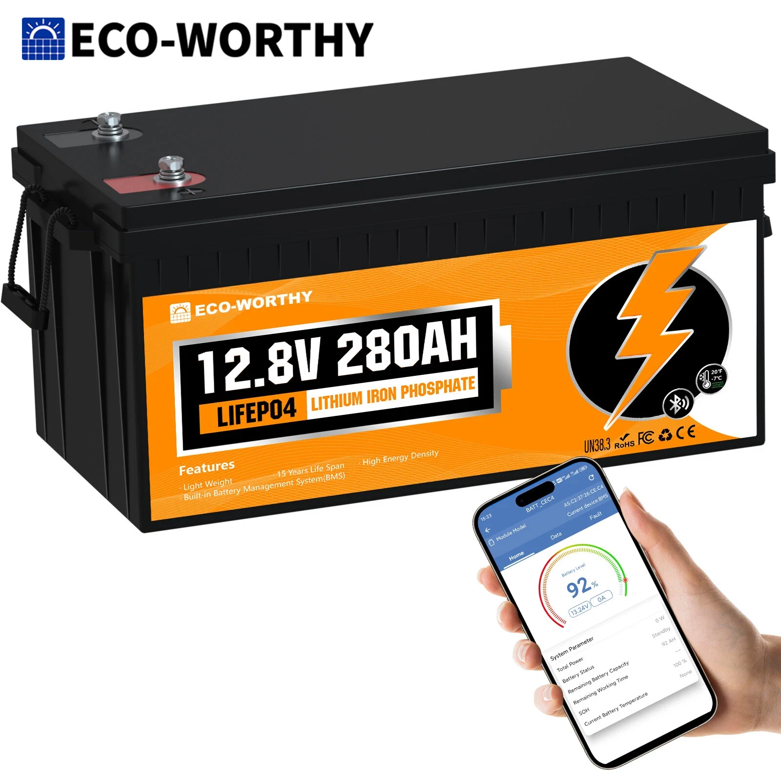 Batterie lithium LiFePO4 ECO-WORTHY 280Ah Bluetooth 12V 280ah avec protection BMS contre les basses températures et puissance maximale pour camping-car et bateau