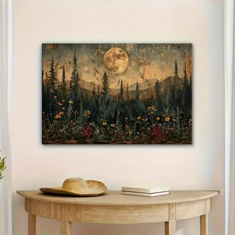 Moonlight Pines Poster and Prints Full Moon Wildflowers Canvas Painting Wall Art Picture for Living Room Home Decor No Frame
