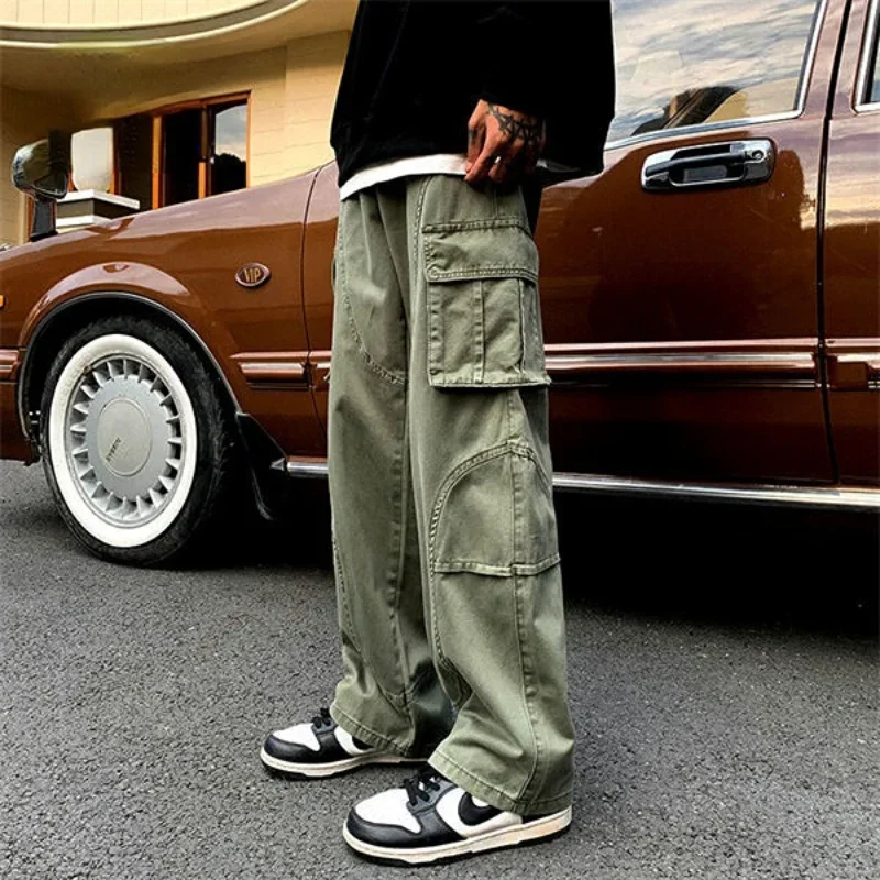 Pantalones Cargo rectos grises para hombre, pantalones largos de calle de diseñador ancho, talla grande, estilo coreano, Techwear de algodón, baratos