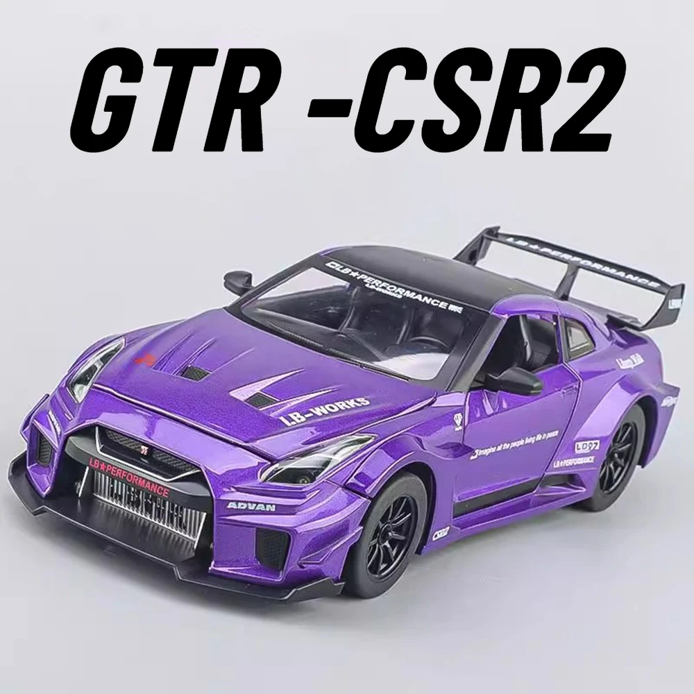 Modèle de voiture de sport R34 GTR-CSR2 R34, échelle 1:24, jouet, lumière musicale, corps métallique, châssis en plastique, modèles de voitures miniatures pour enfants garçons